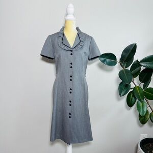 Tahari Dress Gray Ruffle Black Trim Button Cap Sleeve Sheath Chic NO BELT